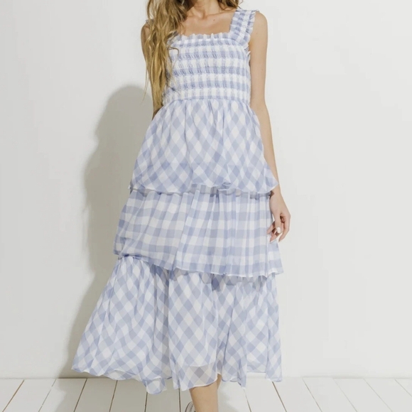 English Factory Gingham Plaid Cottagecore Whimsical Tiered Dress - Picture 2 of 9